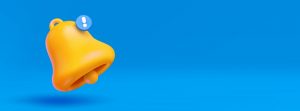 Imagem com fundo azul tendo um sino amarelo com uma notificação do lado esquerdo