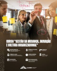 Card digital. Na metade superior, a imagem mostra quatro pessoas reunidas a trabalhar em equipa atrás de um painel de vidro transparente. Ao centro, um homem de terno e gravata desenha um gráfico com um marcador vermelho no vidro. À sua esquerda, uma mulher loira de camisa social branca observa o desenho com atenção, enquanto um homem vestindo terno escuro olha para a lateral. À direita, uma mulher negra de terno claro acompanha o planeamento. O painel de vidro está repleto de lembretes autocolantes amarelos (post-its), gráficos, setas e anotações escritas à mão. Na metade inferior, em fundo castanho-escuro, o título em letras garrafais brancas alongadas diz: "CURSO 'GESTÃO DA MUDANÇA, INOVAÇÃO E CULTURA ORGANIZACIONAL'". Abaixo, ícones brancos detalham as informações do curso: Instrutores (a): France James Fonseca Galvão e José Mário Marassato; Número de vagas: 30 vagas; Formato: Presencial; Público-alvo: Magistradas, magistrados, servidoras e servidores em cargos de gestão no TJRR; Carga horária: 24 horas/aula; Local: Escola Judicial de Roraima – EJURR; Inscrições: 23 a 25/9/2026; Data de realização: 28/9 a 2/10/2026 das 14h30 às 16h30. No rodapé, o logotipo branco da EJURR (Escola Judicial de Roraima) centralizado, com grafismos geométricos discretos na lateral esquerda.
