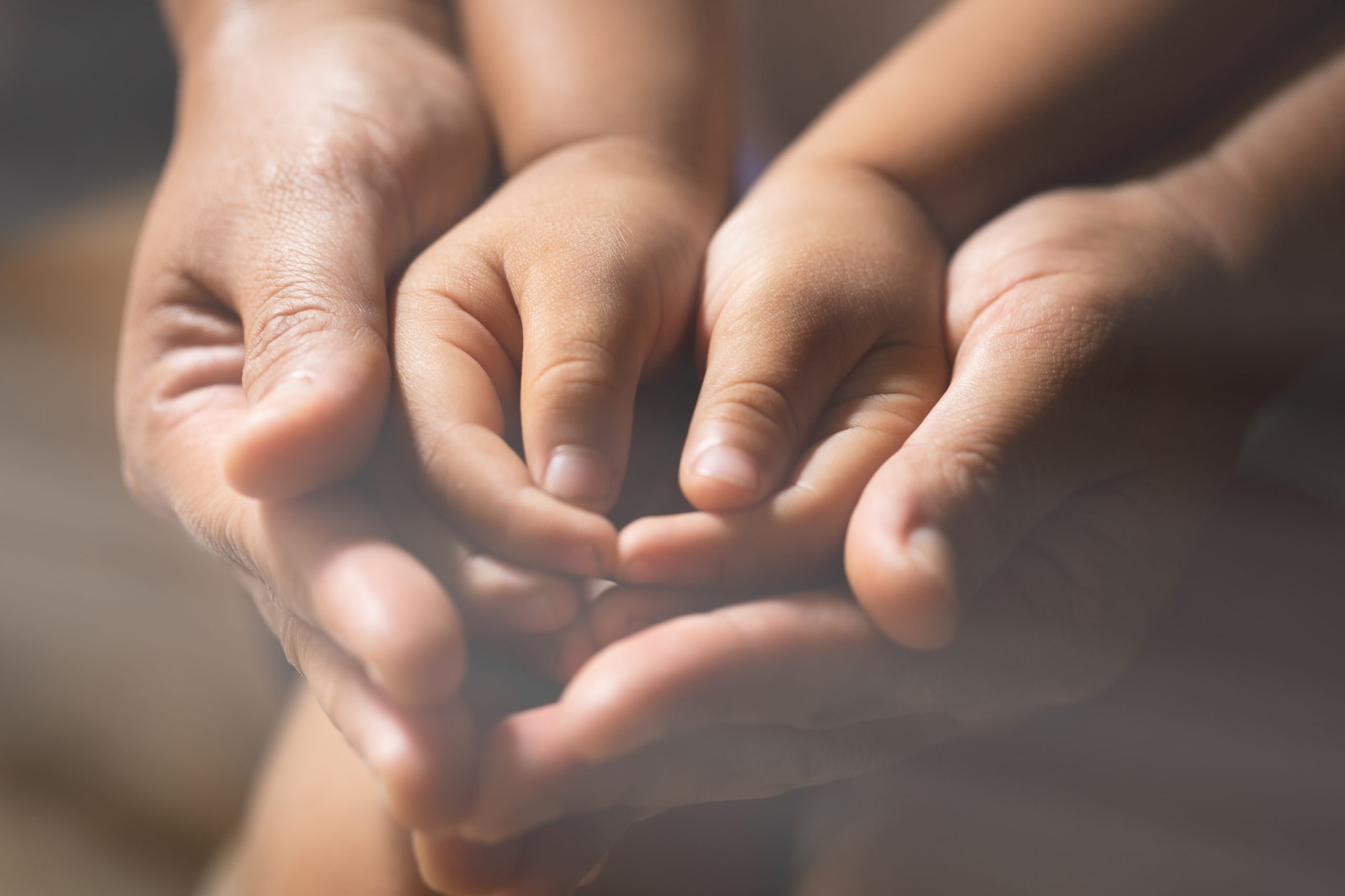 A imagem mostra quatro mãos juntas , sendo um adulto e uma criança. As mãos da crianaça estão por cima da mão adulta lembrando um coração.
